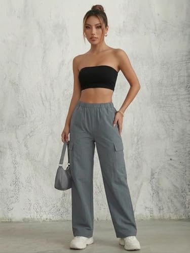 Image of DEELMO Women's High-Waist Relaxed Fit Cargo Pants | Multi Utility Pockets Trouser | Cargo Trouser | Women Baggy Pant | Adjustable Drawstring Waistband