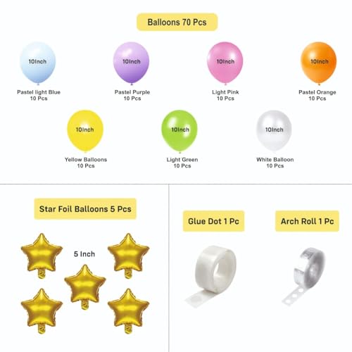 Image of Rainbow Balloon Arch Kit, 77 Pieces, Party Decoration Set with Gold Star Foil Balloons, White Cloud Design for Birthday, Baby Shower