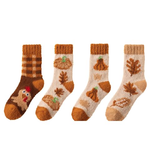 Liiusgelad Fuzzy Socks for Women 4 Pairs - Buttery Soft Cozy Fluffy Slipper Socks with Pumpkin & Maple Leaf Patterns Warm Winter Fall Socks Thanksgiving Christmas Birthday Gifts for Her