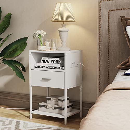Ldttcuk Nightstand With Charging Station, Modern End Table With Drawer, White Bedside Table With Open Storage For Bedroom #TOP3
