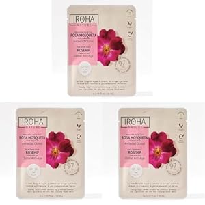Iroha Nature – Mascarilla Facial Antiedad Global con Rosa Mosqueta y Ácido Hialurónico | Combate Arrugas y Marcas | Firmeza y Elasticidad | Mascarillas Faciales para una Piel Radiante (Paquete de 3)