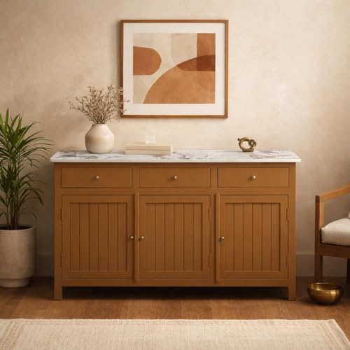 Image of Madrid Solid Wood Sideboard Cabinet with Sintered Stone Top for Living Room | Premium Acrylic Terracotta Brown | 130x40x80 cm