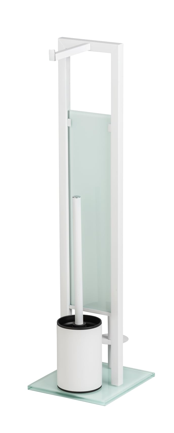 WENKO Combiné WC Rivalta | 3 en 1| Brosse WC et Dérouleur Papier Toilette | Stockage Papier | Tête de Brosse remplaçable | Acier INOX Blanc et Verre trempé| 18x70x23 cm | Blanc