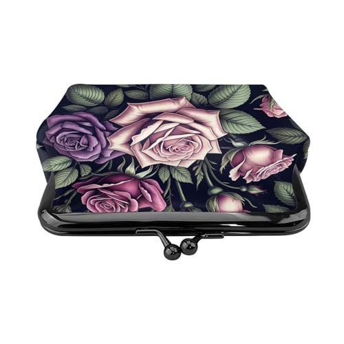 Pu Leather Buckle Coin Purse Roses-Lush-Leaves Girls Kiss-Lock Change Purse Wallets2