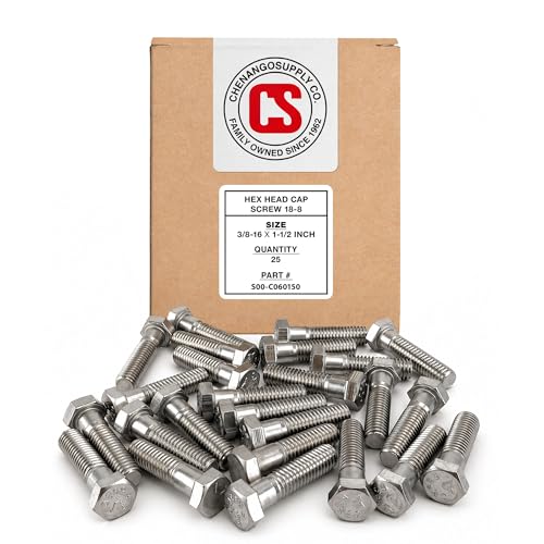 Image of Chenango Supply 3 /8-16 x 1-1 /2 inch Stainless Steel Hex Head Bolts - 304 Stainless, USS Coarse Thread, 100,000-125,000 PSI Tensile Strength, Corrosion-Resistant Hardware Bolts, (25 Pieces, 3 /8-16 x 1.5)
