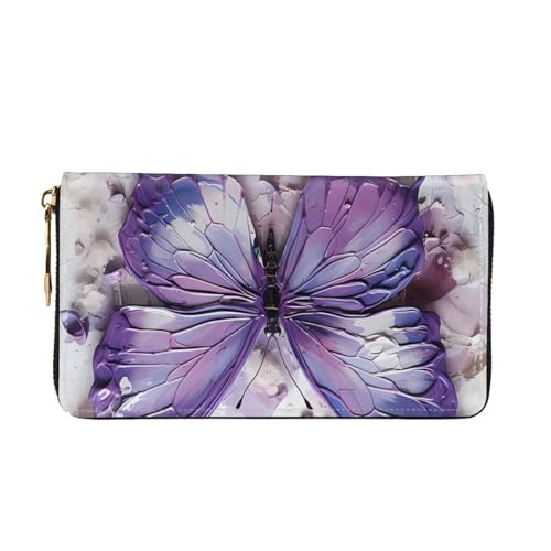 Leather Women Wallets, Long Credit Card Holder, Purple Oil Painting Butterfly Print Billfold Clutch & Travel Purse Large Capacity2