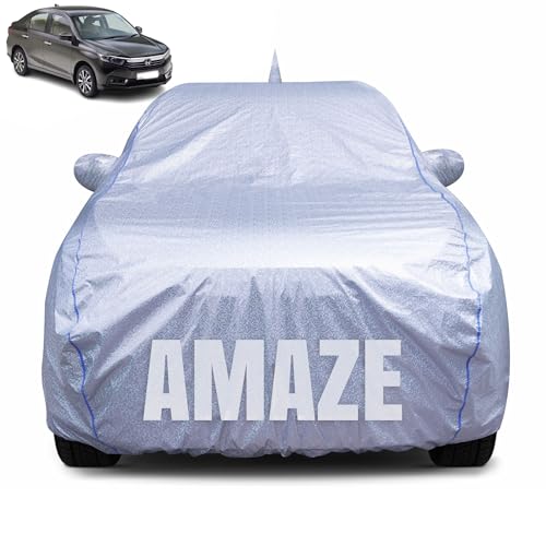 Image of 100% Waterproof Car Body Cover for Honda Amaze (2013-2025) with Mirror Pocket, Heat & UV Resistant, Triple Stitched, Soft Lining, Bottom Elastic & Piping (Silver Reflective)