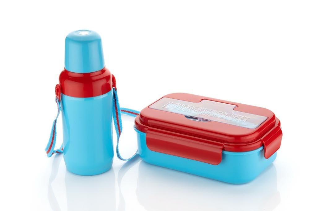 ATTRO Plastic Magic Combo Set 1 Lunch Box&1 Water Bottle Bpa Free Food Grade Perfect for School Kids-Blue Red,1200ML
