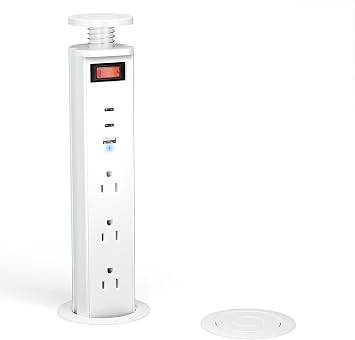 XBA 2-1/2" Pull Up Outlet for Countertop, USB-C PD 20W and 3 Outlets | Manual-Lift Hidden Design, Space-Saving, 6 Ft Cord, for RV Tables, Camper Interiors, Home Offices, Workbenches