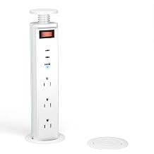 Pop Up Outlet for Countertop, Manual Lift Recessed Power Strip with 3 AC Outlets, 20W USB-C PD Fast Charging and USB-A Ports, Hidden Desk Power Grommet for Camper, Trailer, Home Office, DIY Table