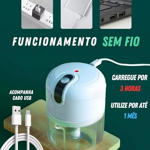 Miniprocessador Triturador de Alimentos Elétrico Sem Fio com 3 Lâminas de Aço Inoxidável - Ideal par
