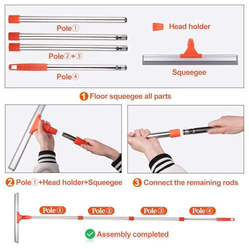 Image of ITTAR Floor Squeegee with 60 inch Stainless Steel Handle, 17.2 inch Silicone Blade Floor Scrubber for Bathroom, Shower, Garage, Tile, Window and Water Removal