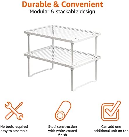 Amazon Basics Metalowe półki kuchenne do przechowywania, można układać jedną na drugiej, zestaw 2 szt, białe