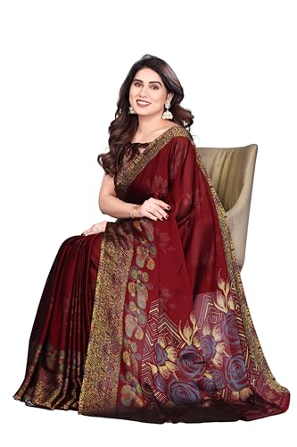 Image of SUPERLAXMI Women's Chiffon Floral Printed Saree with Blouse Piece