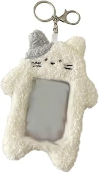 White Cartoon Plush Photocard Holder with Keychain Pendant Kawaii Cat Cute Card Sleeve Student Photocard Holder Photocard Keychain Card Cases Card and ID Cases,Identification Badges and Supplies