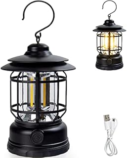 Rechargeable Camping Lantern, Retro Camping Light Lamp for Indoors Outdoors, 1200mAh Battery Powered LED Tent Light with Hook, Portable Waterproof Camping Lantern for Hiking, Fishing, Emergency- Black