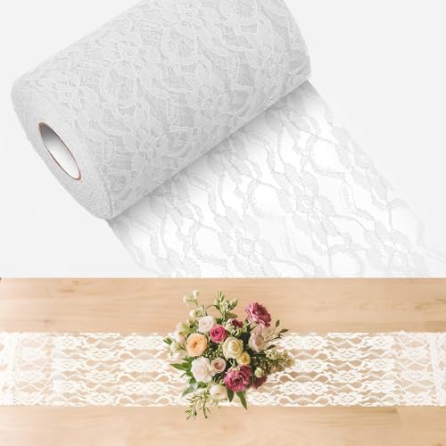 Chemin de Table en Dentelle Ruban en Dentelle Blanc 15cm x 25m Tissu en Dentelle raffiné Lavable Rouleau de Nappe pour Mariage Baptême Décoration Festive