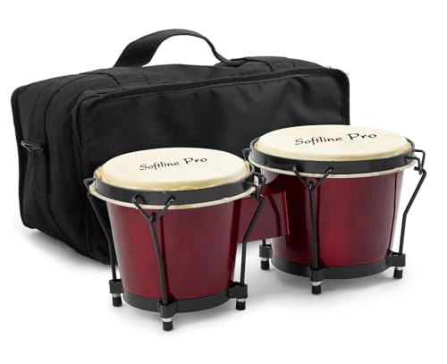 Image of Softline Pro Bongo Drum Set with Tuning Wrench & Padded Professional Wooden Percussion Instrument for Beginner Adults Kids - Natural Skin (Red)