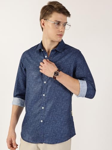 Image of Thomas Scott Men's | Printed | Textured Fabric | Full Sleeve | Regular Fit | Linen Blend | Single Pocket | Spread Collar | Casual Shirt