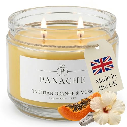Panache Tahitian Orange & Musk Scented Candle – Double Wick Soy Wax Candle, 48 Hour Burn Time, Hand Poured in UK, Clean Burning Cotton Wicks, Luxury Glass Jar Candle for Home Fragrance & Gifts (320g)