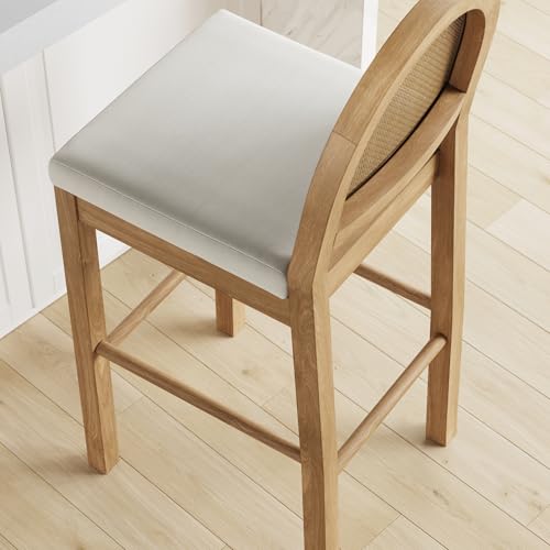 Image of Nathan James Bailey 29 in. Boucle Bar Stool with Back, Bar Height Chair with Natural Woven Rattan Back and Solid Wood Legs, Light Brown, Set of 2