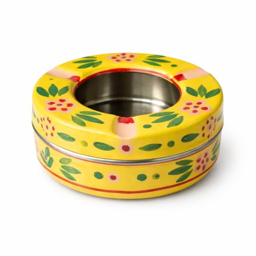 Image of iHandikart Handpainted Ash Tray 4x2 Inch | Metal Ashtray for Home, Table & Car Use | Multicolour Decorative Ashtray | Handmade Smoking Accessories for Indoor & Outdoor Use(Yellow)