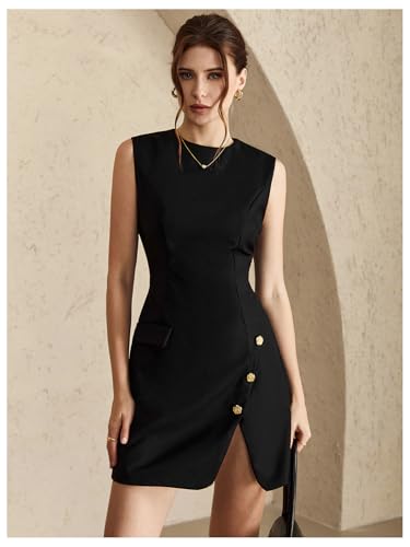 Women's Crew Neck Button Front Mini Dress Sleeveless Split Hem Work Business Casual Dresses4
