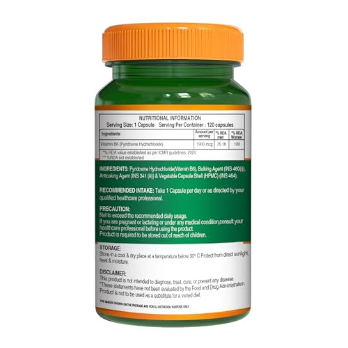Image of Pure Nutrition Vitamin B6 Supplements Pyridoxine HCl | B6 Vitamin Pyridoxine Hydrochloride Capsules 1900mcg Supports Energy, Immune & Brain Health | Maintains Eye Health & Nervous System Function - 120 Veg Capsules