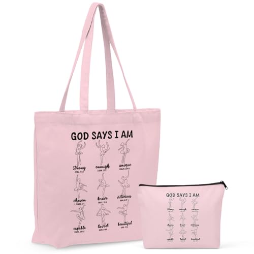 Christian Gifts for Women, Dancing Girls Canvas Tote Bag Makeup Bag Set, Inspirational Bible Religious Dance Gifts for Dancer Birthday Friendship Graduation Reusable Grocery Bags Travel Cosmetic Bag
