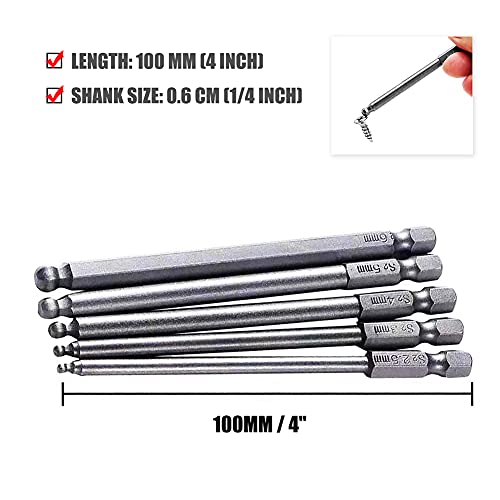 Tomato Palace Magnetic Ball Head 2.5Mm 3Mm 4Mm 5Mm 6Mm S2 Metric Ball End Hex Screwdriver Bit Set Allen Bits -5 Pcs 100Mm Long #TOP1