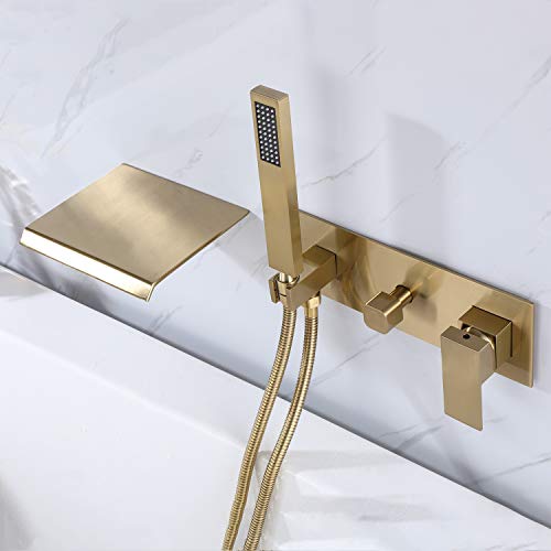 Artbath Brushed Gold Bathtub Faucet With High Flow Waterfall Spout And Hand Shower Wall Mount Waterfall Tub Filler Faucet #TOP5