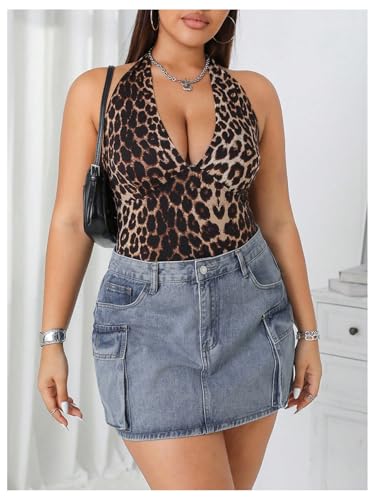 WDIRARA Women's Plus Size Leopard Print Halter Top V Neck Sleeveless Tie Backless Tank Cami Tops4