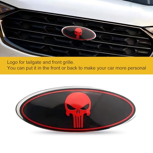 Image of 2 PCS Car Grille Hood Sticker, Front Grille Skull Badge, Car Tailgate Badge, Compatible with Ford F150 F250 (Black & Red)