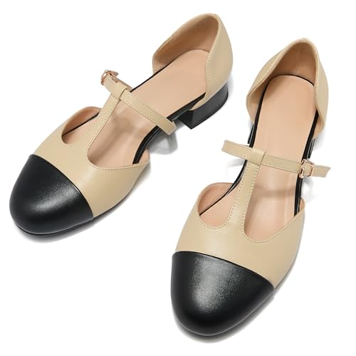 ErikenUrben Women Closed Toe T-Strap Ballerina Flats Bicolor Hollow Out Low Heels Two Toe3