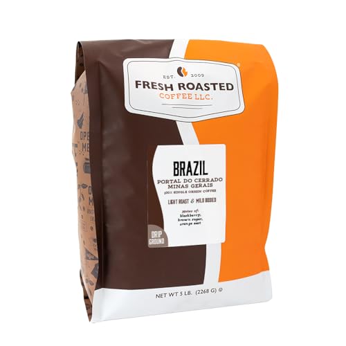 Fresh Roasted Coffee, Brazil Minas Gerais Drip Ground Coffee, Light Roast, Kosher, 5 lb (80 oz)