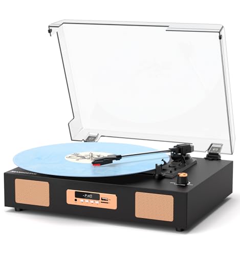 Vintage Vinyl Record Player, 3-Speed Turntable with Bluetooth, USB/SD Recording, Built-in Stereo Speakers, RCA Output, Digital Display – Black & Gold - Les Beatles, Paul McCartney, John Lennon, RIngo Starr, George Harrison Vintage Vinyl Record Player, 3-Speed Turntable with Bluetooth, USB/SD Recording, Built-in Stereo Speakers, RCA Output, Digital Display – Black & Gold