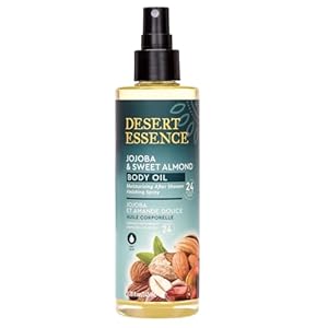 Desert Essence, Jojoba & Sweet Almond Body Oil Spray, 8.28 fl. oz. – Gluten-Free, Vegan, Cruelty Free – 24hour Moisture, Soothes Skin, Perfect for Sensitive Skin, Illuminating Body Spray