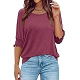 Elesomo Womens T-Shirts Elbow Sleeve Crew Neck Fall Casual Loose Tops Tee Blouses Dressy, Burgundy L