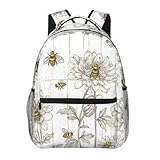 TRYYN Mochila casual vintage abelha, mochila leve para laptop, mochila rústica botânica florida de madeira para mulheres, homens, adolescentes, estudantes, Honeybee poliéster, presentes para escola