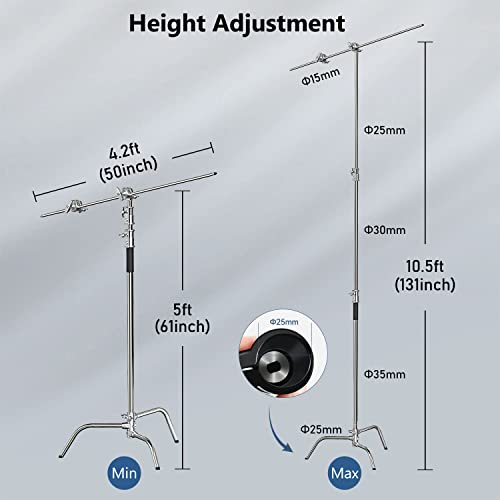 Photography C Stand with Boom Arm: 100% Stainless Steel - Max Height 10.5ft/131inch Heavy Duty Light Stand, with 4.2ft/50inch Holding Arm, Grip Head, Sandbag, Backdrop Clamp by Takerers - Image 3