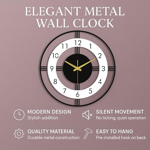 Image of Auromin Metal Wall Clock for Living Room | Designer Silent Analog Clock for Home, Kitchen, Hall, Office | Hanging Silent Wall Watch for Drawing Room | Home Decor Item for Wall Decoration