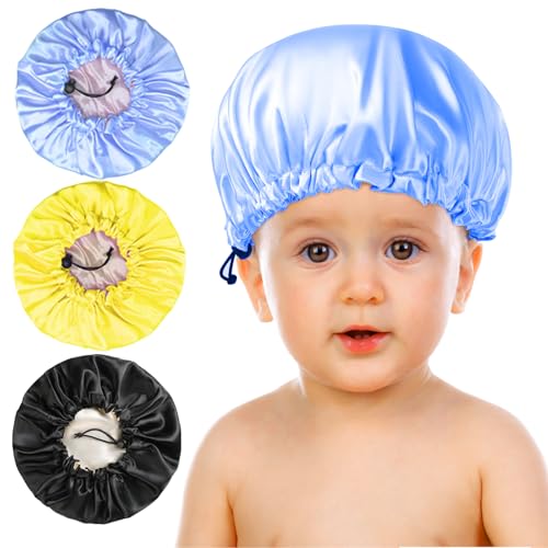 Image of 3 Pieces Kids Satin Bonnet, Reversible Silk Bonnet for Teens Toddler Child Baby(Black,Blue,Yellow)