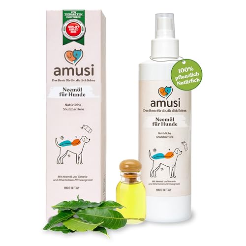 amusi Neemöl-Zeckenspray für Hunde 250 ml – Natürliches Schutzspray für Hunde, Zeckenschutz gegen Zecken, Insektenspray & Insektenschutz, Natürliche Formel, Vegan, ohne Parabene und Nickel