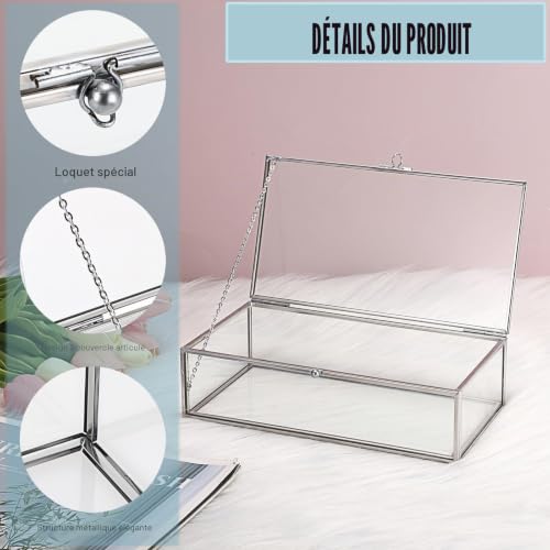Tolida Grande boîte à bijoux rectangulaire vintage avec couvercle en verre – Présentoir de table pour bagues, bracelets, colliers (argenté) – vue 3