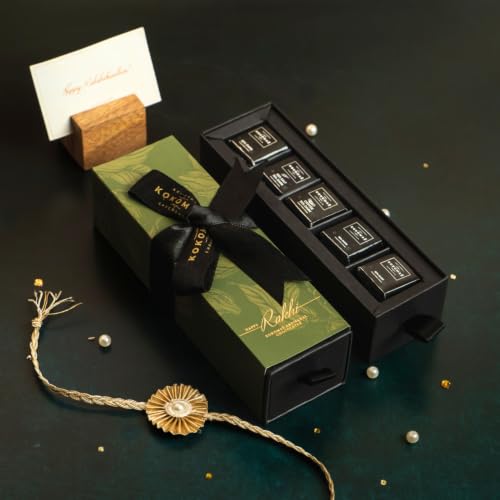 Image of Kokomae Rakhi Chocolate Hamper | 25 Pcs | Assorted Bean-to-Bar Dark Chocolate Slim Collection | Elegant Green Gift Box | 100% Vegetarian | Handcrafted | Ethically Sourced | Clean & Pure Chocolate | Raksha Bandhan Gift | Slims Hamper (Green Box)