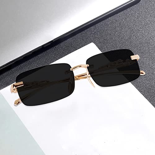 Image of Sunglasses Rimlass Luxury Vintage Rectangular Premium Designer UV400 Protected | Gold Frame Unisex Eyewear (Black)