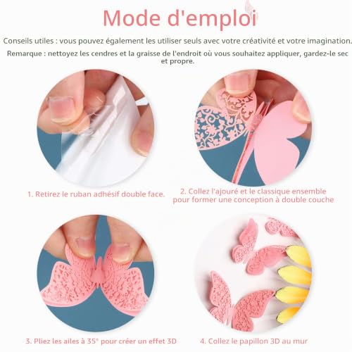 Outus Décoration Murale Papillon 60 Paires en Couches 3D Amovibles, Rose – vue 7