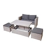 Dimensionen (HxLxB): 63x65x124cm | Material: Geflecht: Poly-Rattan - Gestell: Stahl - Tischplatte: PE (100% Polyethylen) - Polsterbezug: Stoff/Textil (100% Polyester/180g) | Farbe: Garnitur: grau - Polster: dunkelgrau