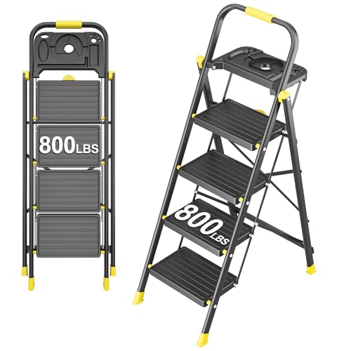 4 Step Foldable Step Ladder with Mutifunctional Tool Tray, Platform Ladders Stepstools, Step Stool 4 Step Folding with Non-Slip Pedals, 800lbs Bearing Capacity for Adults, Home, Kitchen, Black Yellow by DIAMONDFORGE - Used condition - US$68.32