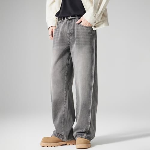 Men's Straight Leg Denim Jeans,Grey, High Waist, Wide Leg, Distressed Streetwear Style, Casual Wear, 32x32 Inch4